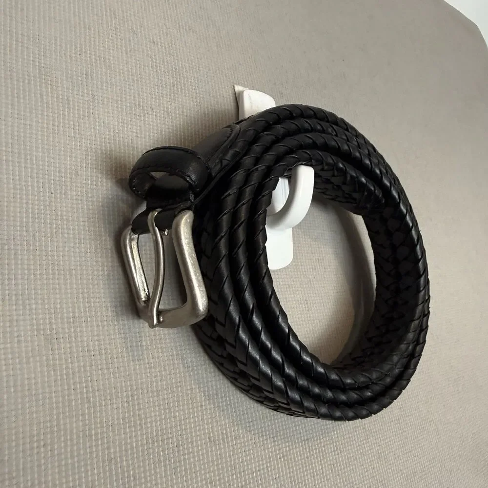 Leather Belt Size 48 Men’s Braided Black Silver Buckle 100% Leather Classic